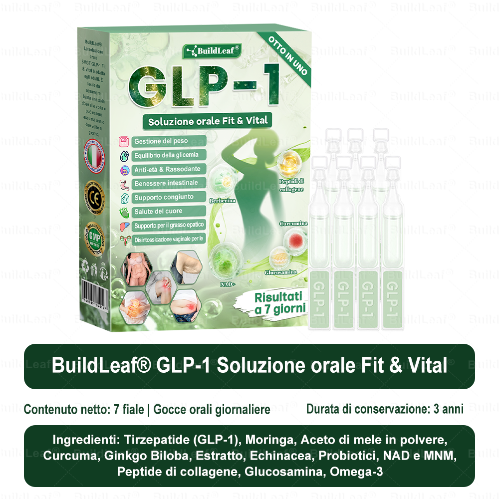 IT Negozio ufficialešBuildLeafĀ® GLP-1 8-in-1 Fit & Vital Soluzione Orale (Solo una volta al giorno, cambiamenti visibili in 7 giorni) ā
Per obesitĆ , salute cardiovascolare, diabete, apnea notturna, salute intestinale, problemi articolari e altro