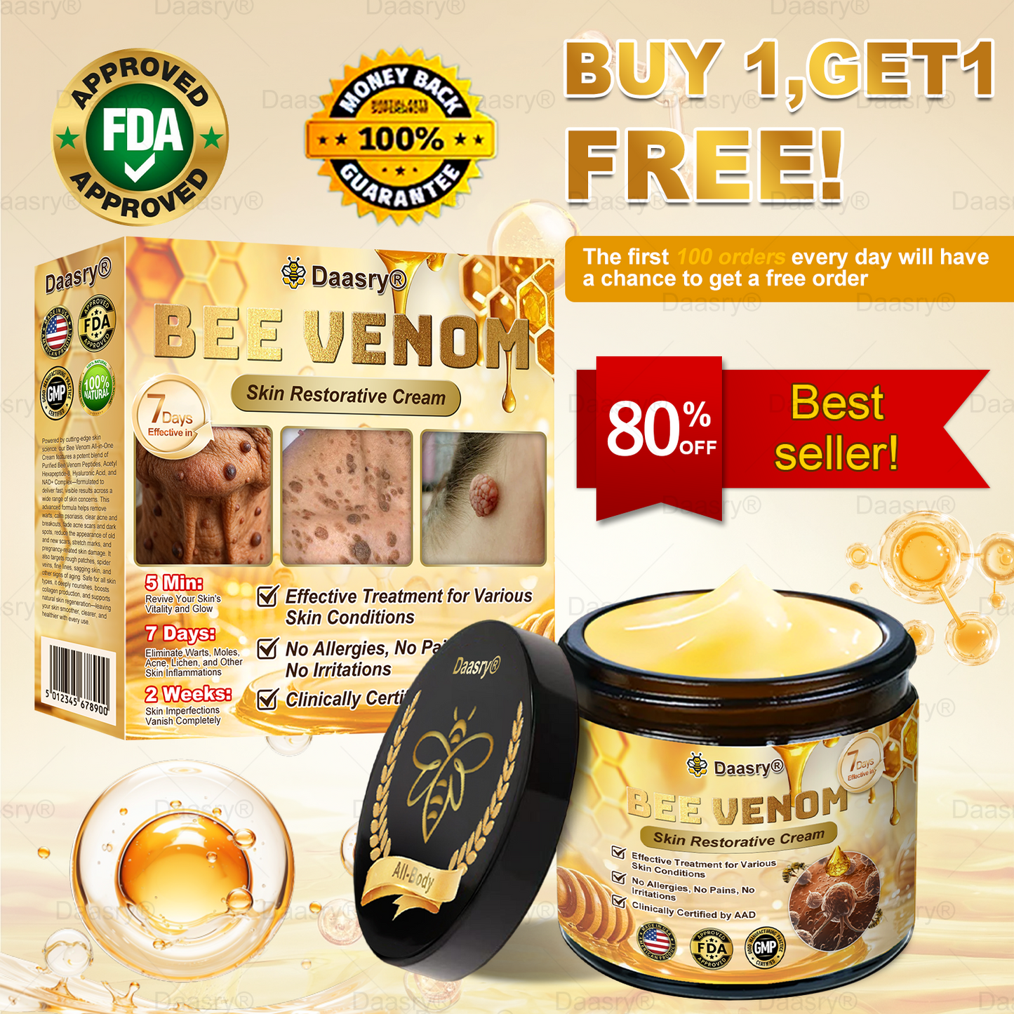 FDA Official: Daasry® Botox Bee Venom Skin Restoration Cream - Anti-aging, Hydrating, Skin Firming & Lifting, Skin Repair, Even Tone, Acne and Dark Spot Treatment, Wart and Mole Removal, and Psoriasis Relief.